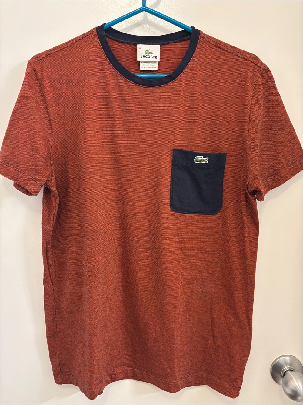 Lacoste Men's Rust orange Heather Short Sleeve Tee with Navy Pocket